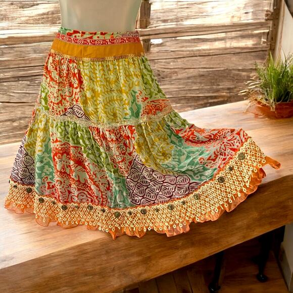 Boho Festival Silk Blend Gypsy Midi Skirt Devoré Velvet Cynthia Steffe Size 16 - Picture 1 of 14